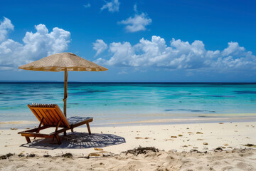 Obraz premium Sun loungers on the seashore. Generative AI