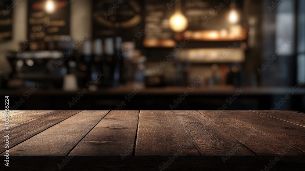 Aufkleber empty wooden table in focus with a blurred coffee shop setting in the background. soft bokeh lights 