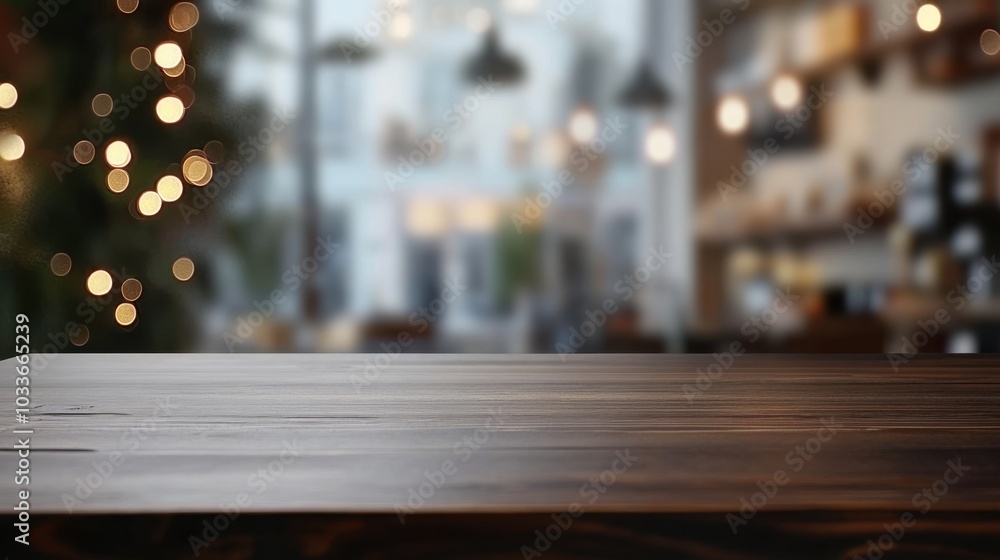 Poster empty wooden table in focus with a blurred coffee shop setting in the background. soft bokeh lights 