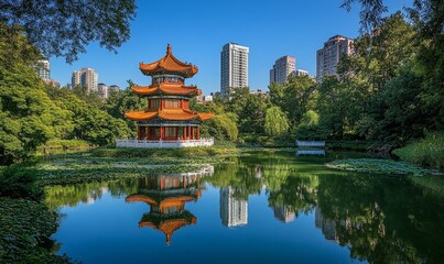 Fototapeta premium Chinese pagoda reflected in a pond.