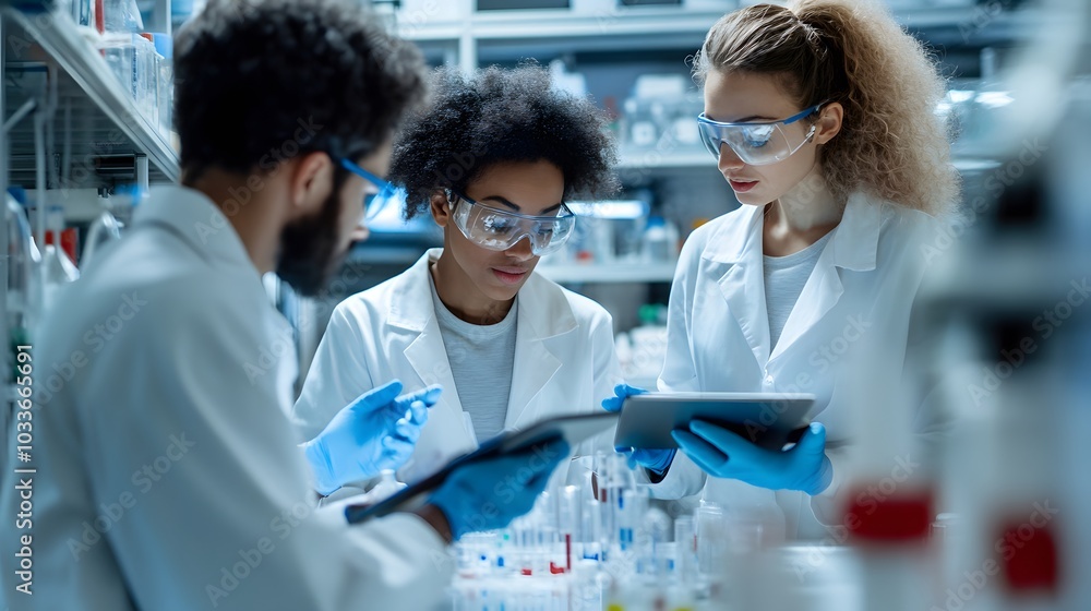 Poster three scientists reviewing data on a tablet in a laboratory setting