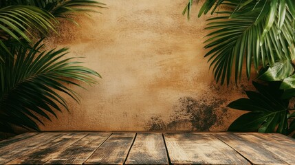 Empty wooden table with palm leaves framing a beach party backdrop, ideal for summer product displays or vacation promotions.