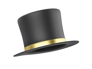 Black top hat with golden ribbon on transparent background