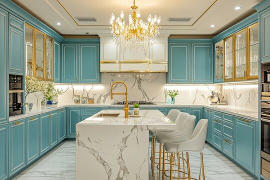 Luxury modern and vintage turquoise and white kitchen. Marble kitchen island with white owal chandelier . Gold tap on marble table top. Template, Generative AI