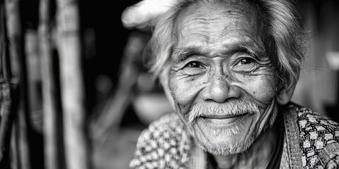 Elderly Man Smiling in Black and White Portrait