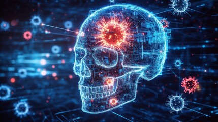 A digital illustration of a skull juxtaposed with virus icons, representing cyber threats and security