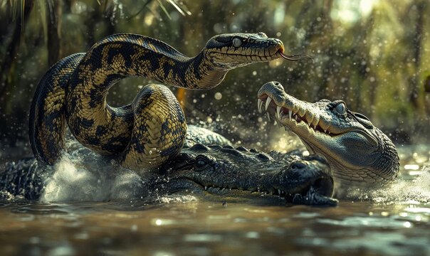A python and a crocodile face off in water.