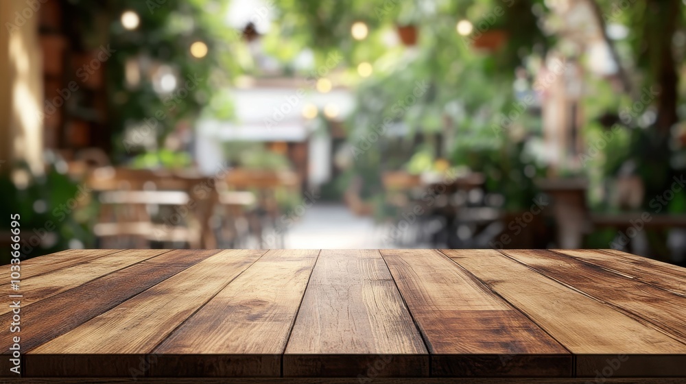 Poster focused wooden table with a blurred wood backdrop, offering a clean and simple space for product dis