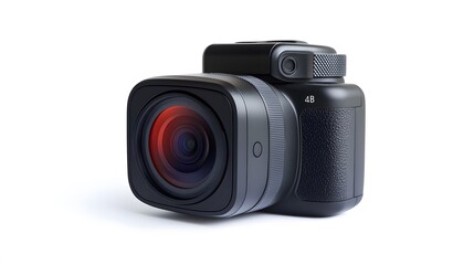 New 4K action camera in black color. Isolated white background. 