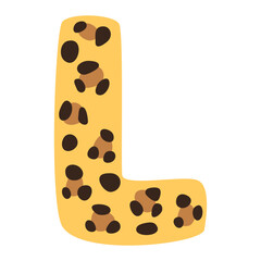 Capital letter L of English childish alphabet with animal in scandi style. Kids font with leopard for language learning.