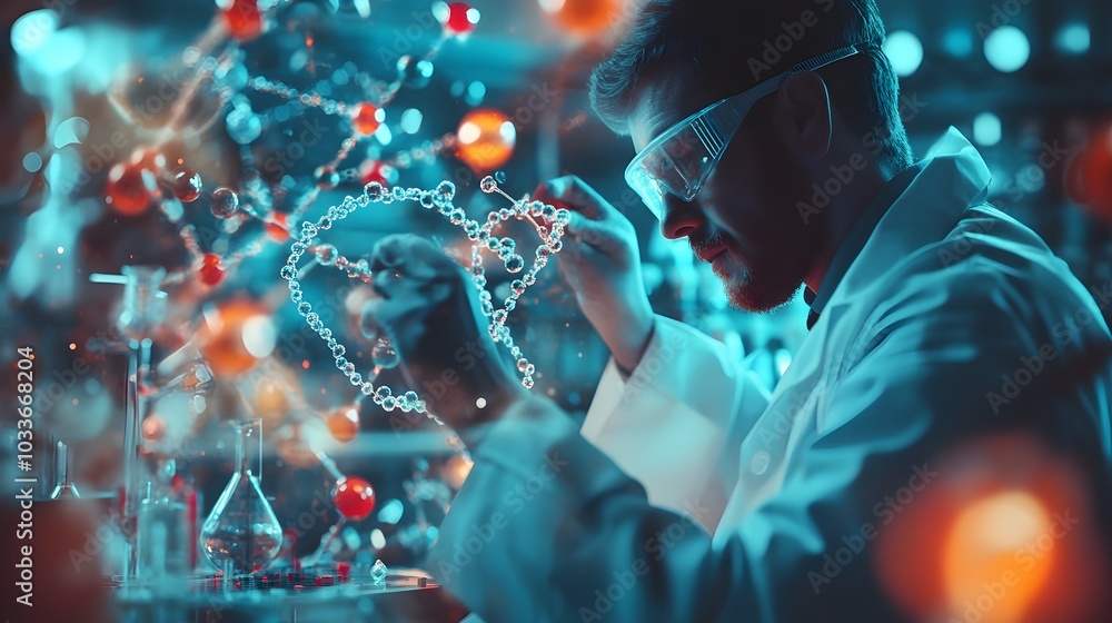 Poster scientist working with a 3d molecular model in a laboratory
