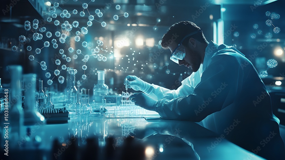 Aufkleber scientist in a lab working with glassware and molecular structures