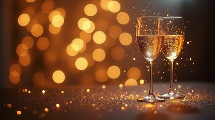 Two champagne flutes with sparkling wine against a festive bokeh background.