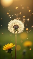 Obraz premium A dandelion with seeds blowing away in the golden light of sunset.