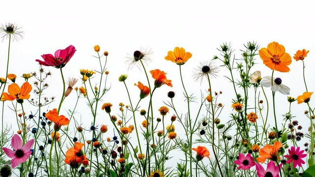 Wild flowers fluttering in the wind with white background. Close-up of a variety flowers on a meadow.