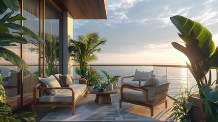 Obraz premium Ultra detailed balcony with ocean vistas, modern wooden furniture