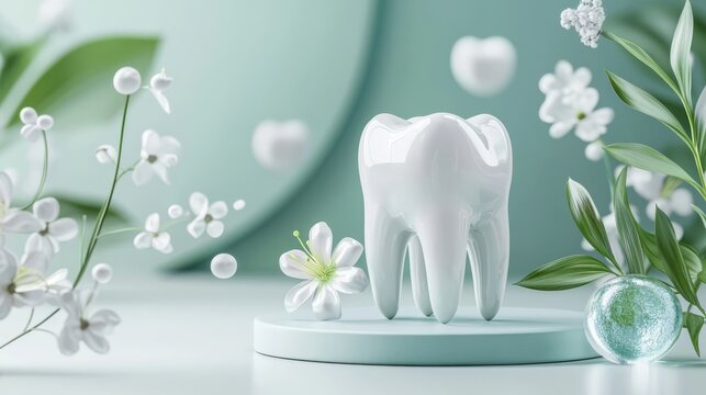 A bright, minimalistic dental scene featuring a stylized white tooth among delicate flowers and soothing green elements. - Powered by Adobe