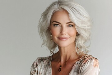 Fototapeta premium Portrait of Beautiful Mature Woman Smiling and Looking at Camera Against White Background