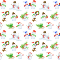 Winter time funny snowman seamless pattern. Hand drawn vintage style illustration. Cute snowman in different poses on white background. Winter time festive decoration seamless pattern element