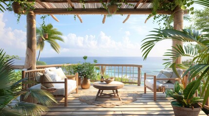 Fototapeta premium Ultra detailed balcony with ocean vistas, rustic wooden furniture