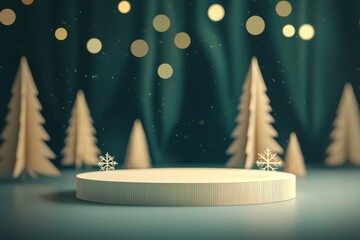 Festive winter Christmas podium decorated with glowing lights and ornaments background