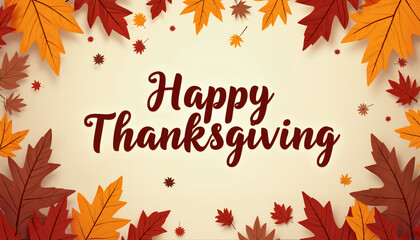 A simple and elegant Thanksgiving greeting card with the words "Happy Thanksgiving" in bold, red lettering surrounded by colorful autumn leaves on a beige background. 