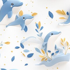 Obraz premium A playful illustration of blue dolphins swimming amid golden leaves and splashes of water on a white background.