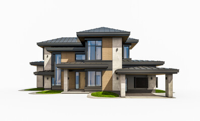 3d rendering of modern two story house with gray and wood accents, large windows, parking space in the right side of the building, daylight, isolated on white