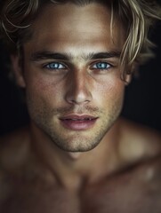 Obraz premium Intense Gaze: A captivating portrait of a young man with piercing blue eyes, his gaze locked directly on the viewer, creating an intimate and enigmatic connection. 