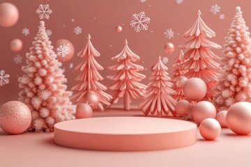 Festive winter Christmas podium decorated with glowing lights and ornaments background
