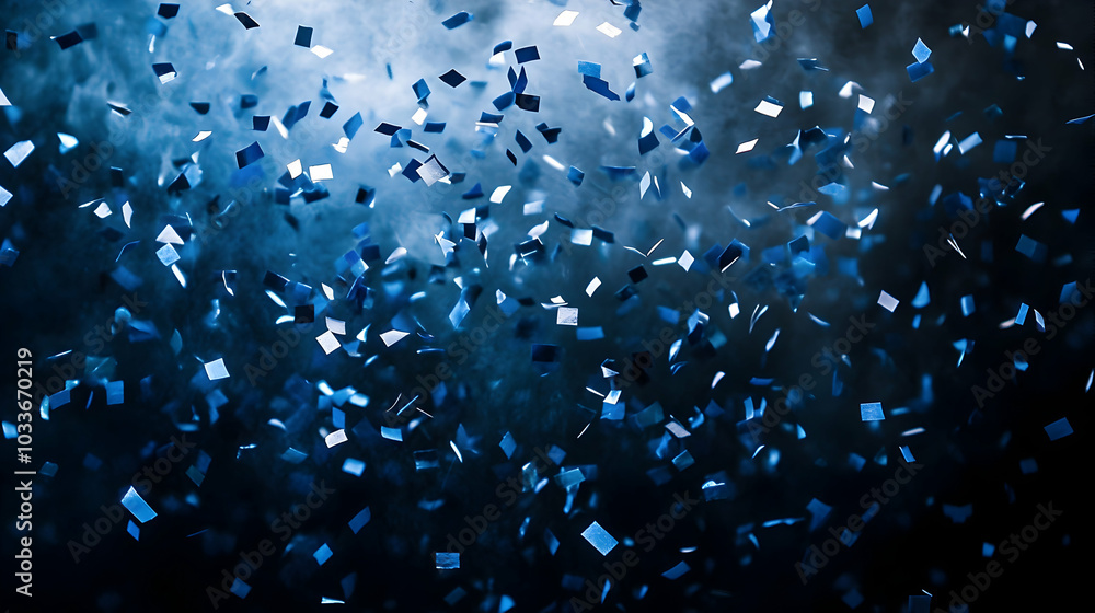 Poster blue confetti scattered against a dark background, creating a simple yet striking abstract backdrop 