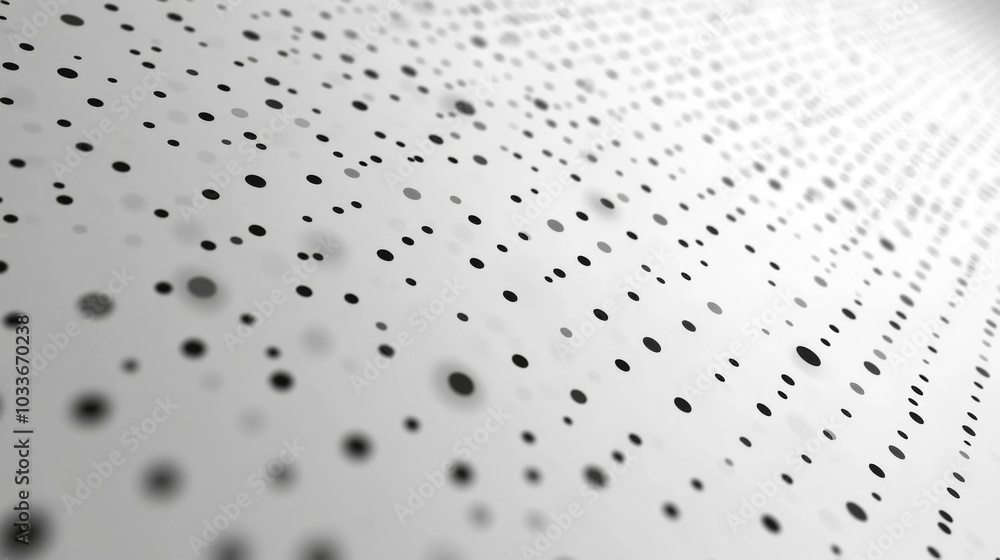 Poster a series of black dots, varying in size, create a dynamic pattern across a smooth white surface, hig