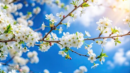 Branches against blue sky and white flowers in extreme close-up
