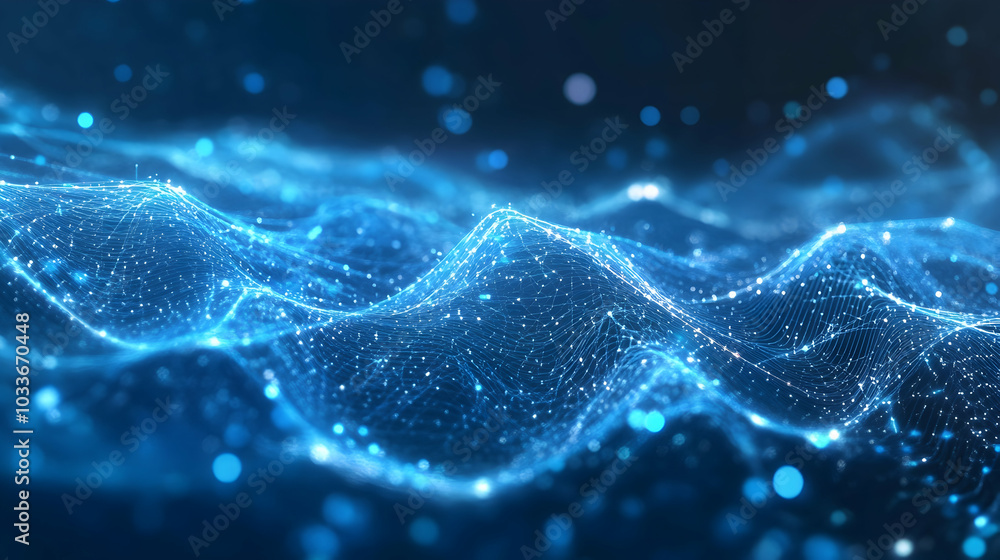 Poster blue tech background with digital waves and neural connections in a futuristic theme -