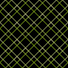 Halloween colors geometry seamless pattern. Yellow green checkered ornament. Holiday mosaic of neon bright squares on black background. Decor for Thanksgiving Day. Gothic background design.