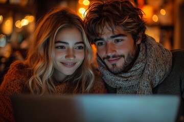 A Gen Z pair browsing through online event listings together, choosing a unique activity for their date night, laptops and phones in hand. Generative AI