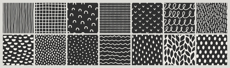 Organic Texture Seamless Patterns Set. Abstract Vector Background in Scandinavian Style. Raindrops, Wavy Lines and Polka Dots in Black and White Colors for Print on Fabric, Package, Covers