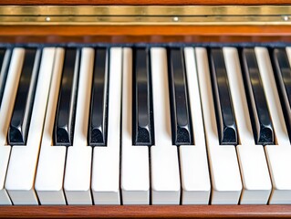 A close-up of piano keys, showcasing the contrast between black and white keys, highlighting the...