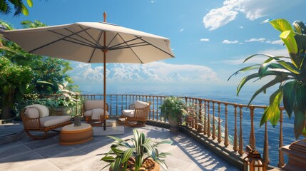 Ultra detailed balcony with oceanfront scenery, featuring a daybed