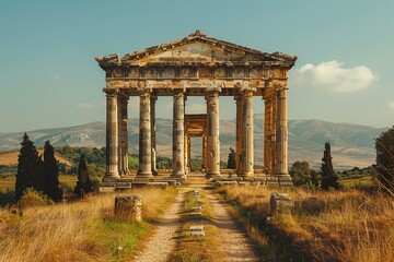 Fototapeta premium The Temple of Artemis, an ancient wonder of the world, renowned for its magnificent architecture and cultural significance. This grand temple, dedicated to the goddess Artemis, features intricate colu