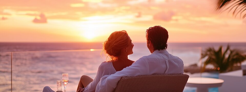 Couple enjoying a romantic sunset view by the ocean at a luxurious resort, sipping drinks and relaxing together