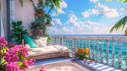 Ultra detailed balcony with oceanfront scenery, featuring a cozy daybed