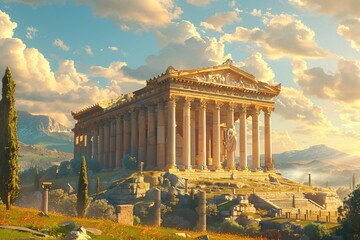 Obraz premium The Temple of Artemis, an ancient wonder of the world, renowned for its magnificent architecture and cultural significance. This grand temple, dedicated to the goddess Artemis, features intricate colu