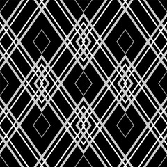 Classic monochrome black white geometry seamless pattern. Dark halloween psychedelic ornament. Traditional mosaic of white rhombuses on black background. Optical illusion gothic background design.