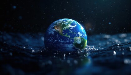 The Earth with ocean levels visibly higher due to global warming, showcasing rising seas and coastal flooding Isolated on a deep blue space background