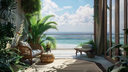 Fototapeta premium Ultra detailed balcony with oceanfront scenery, featuring a cozy seating area