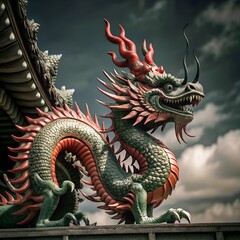 Fototapeta premium chinese mythical dragon on roof background