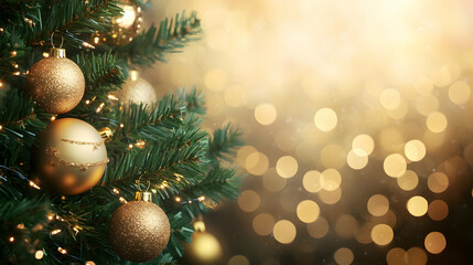 Obraz premium Christmas tree branches adorned with golden ornaments, twinkling against a festive bokeh backdrop -