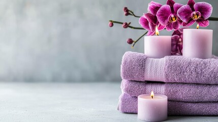 A serene spa setup featuring purple towels, candles, and orchid flowers, ideal for relaxation and self-care.