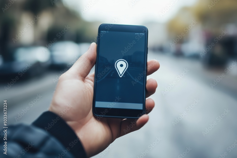 Leinwandbilder a person uses a mobile device showing a location pin, indicating navigation in a city environment du